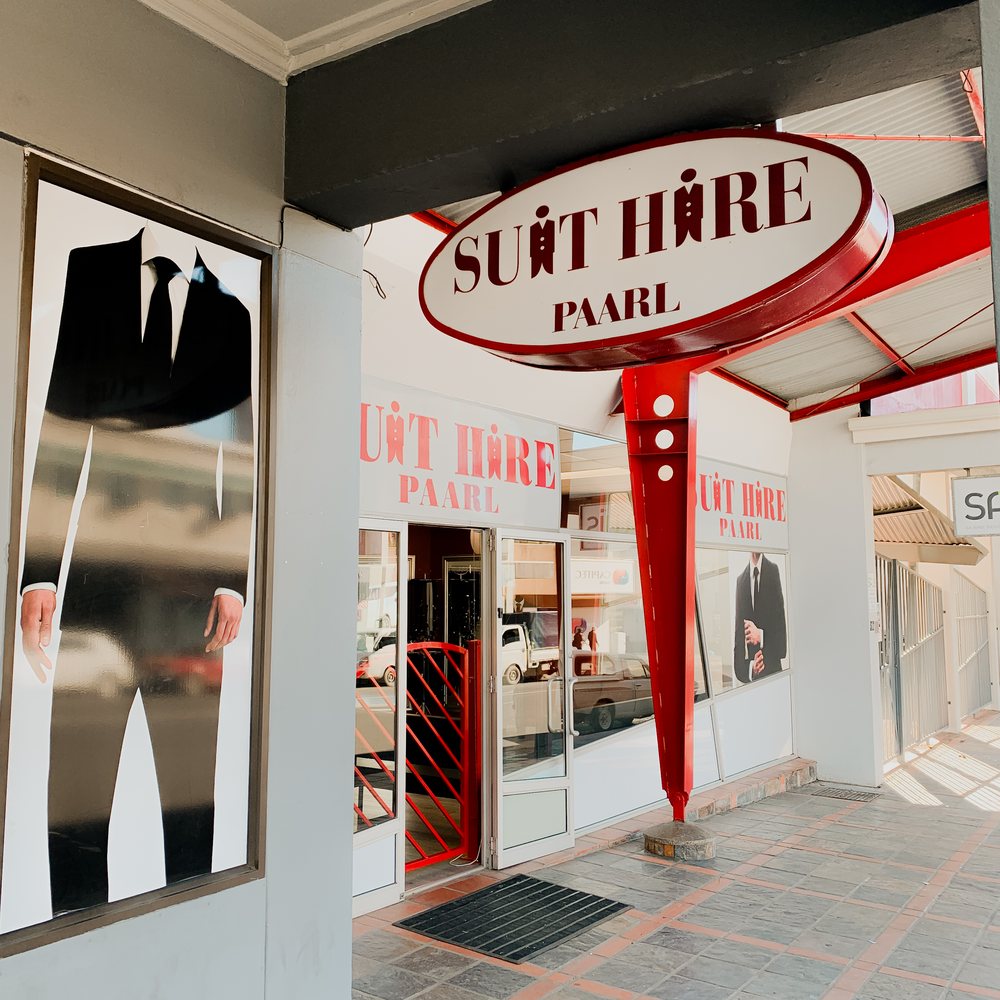 The Suit Hire Paarl shopfront and signage on Main Road, Bertville